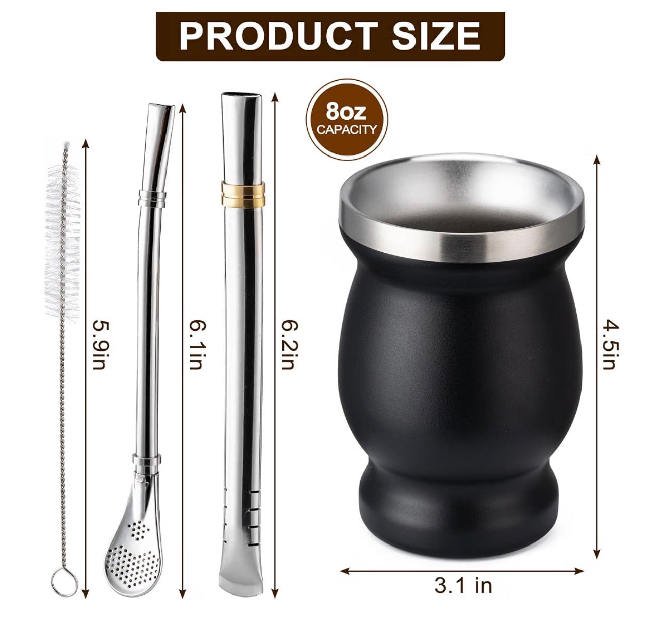 Husfunov 8 oz Yerba Mate Cup, 304 Stainless Steel Double-Walled Mate Cup, Thermal-Insulated Yerba Mate Gourd, Tea Cup Set Includes Cleaning Brush and 2 Bombillas