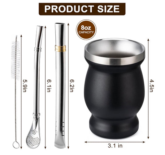 Husfunov 8 oz Yerba Mate Cup, 304 Stainless Steel Double-Walled Mate Cup, Thermal-Insulated Yerba Mate Gourd, Tea Cup Set Includes Cleaning Brush and 2 Bombillas