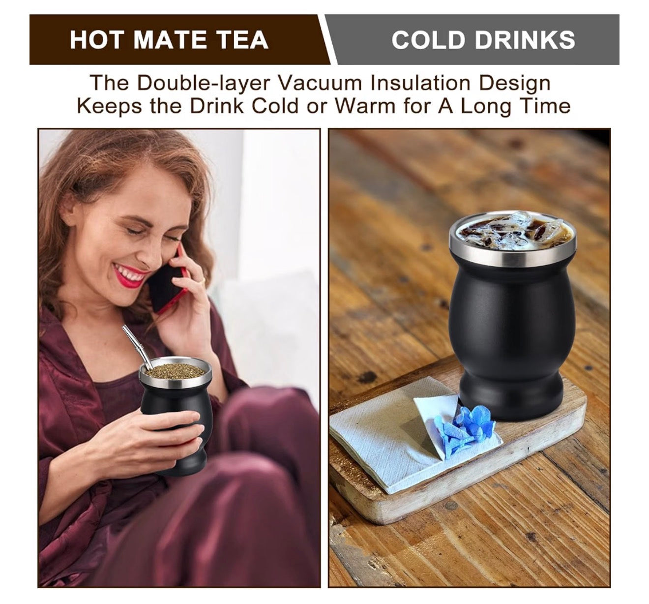 Husfunov 8 oz Yerba Mate Cup, 304 Stainless Steel Double-Walled Mate Cup, Thermal-Insulated Yerba Mate Gourd, Tea Cup Set Includes Cleaning Brush and 2 Bombillas